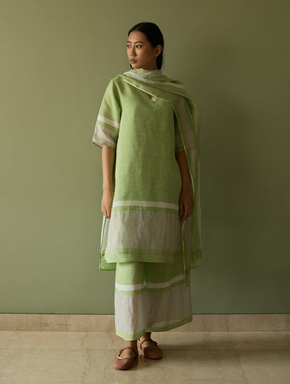Iva Pleated Border Linen Kurta Set - Meadow