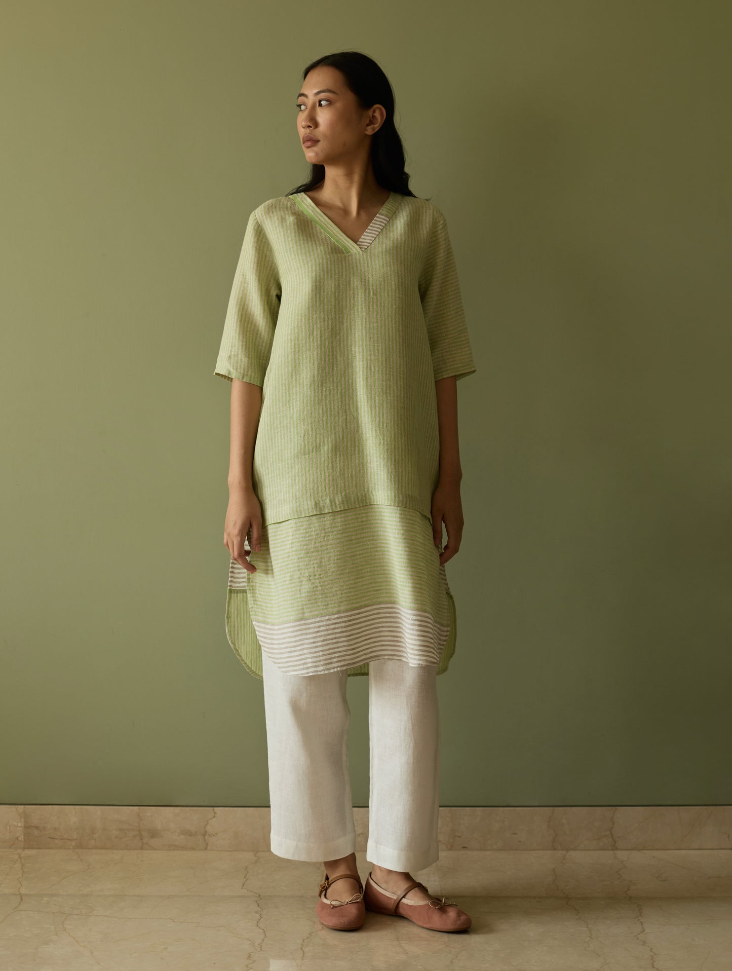 Jira Pleated Stripe Linen Co-ord Set - Meadow