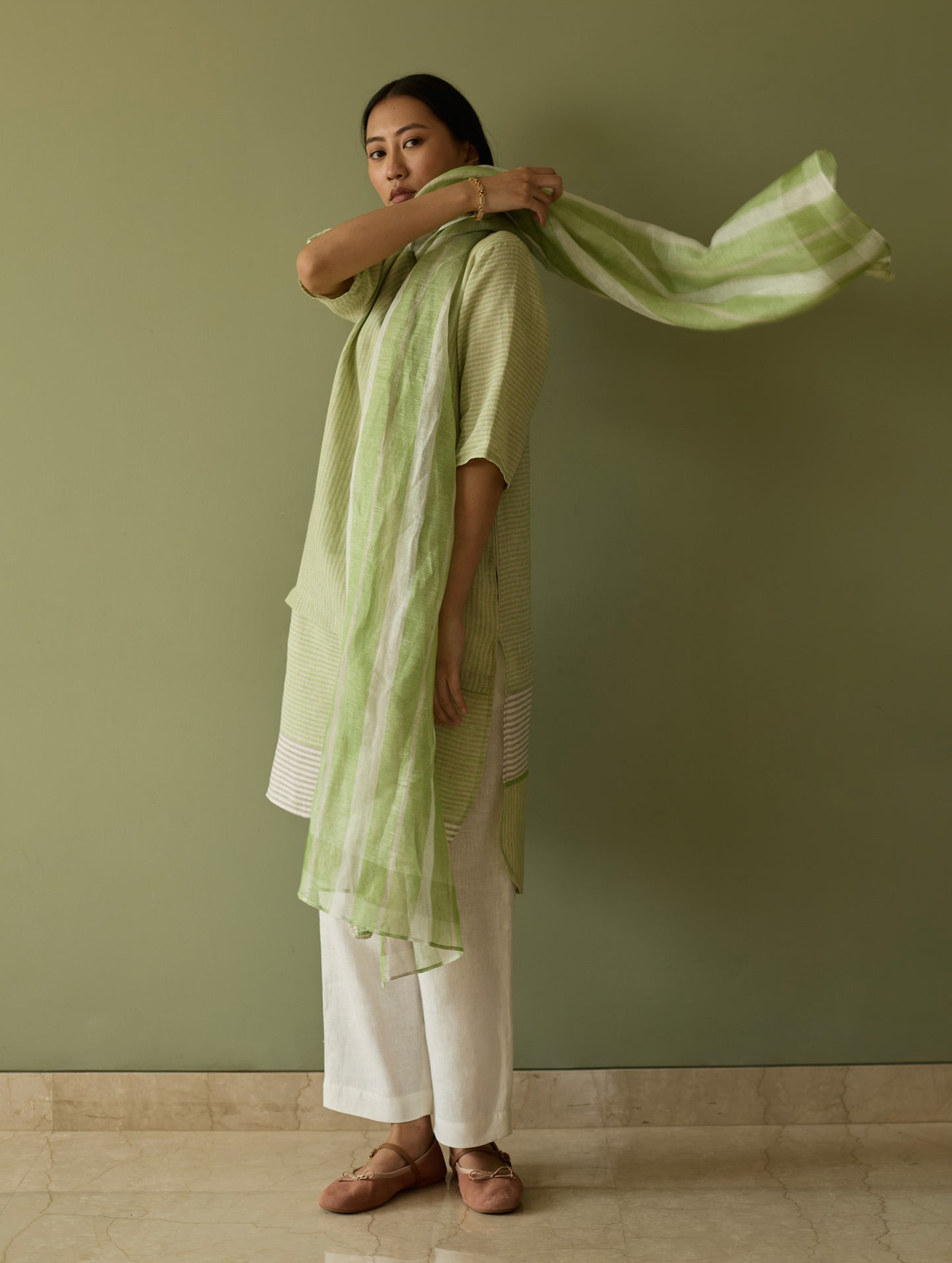 Jira Pleated Stripe Linen Co-ord Set - Meadow