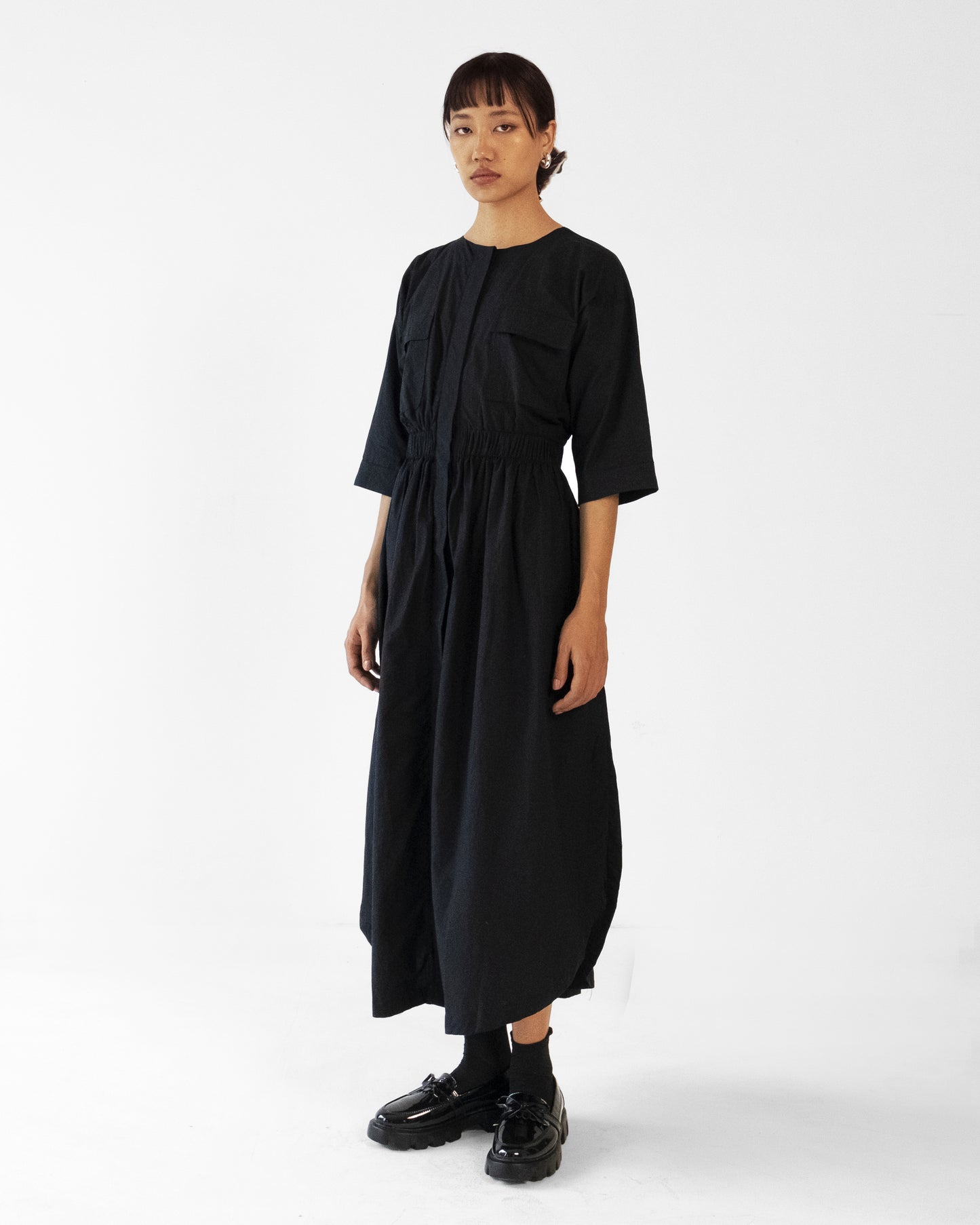 Black Elastic Wasit Side Slit Cotton Dress