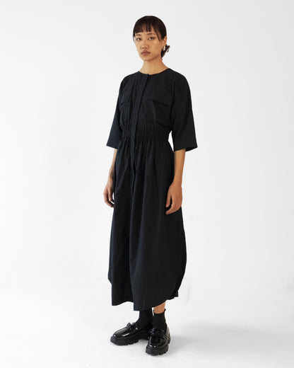 Black Elastic Wasit Side Slit Cotton Dress