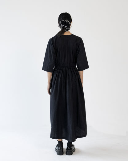 Black Elastic Wasit Side Slit Cotton Dress