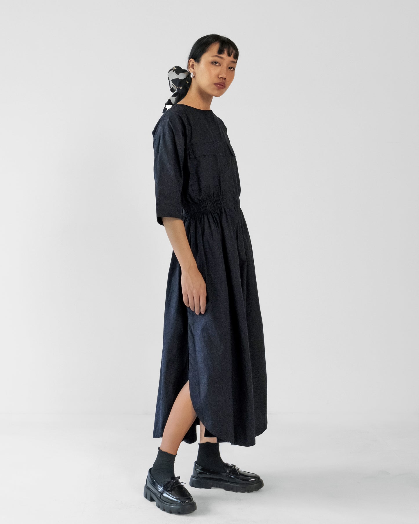 Black Elastic Wasit Side Slit Cotton Dress