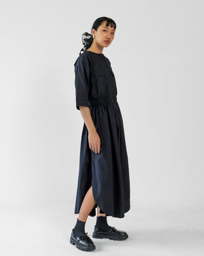 Black Elastic Wasit Side Slit Cotton Dress