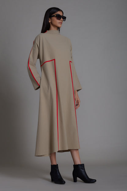 Beige & Red Piping Dress