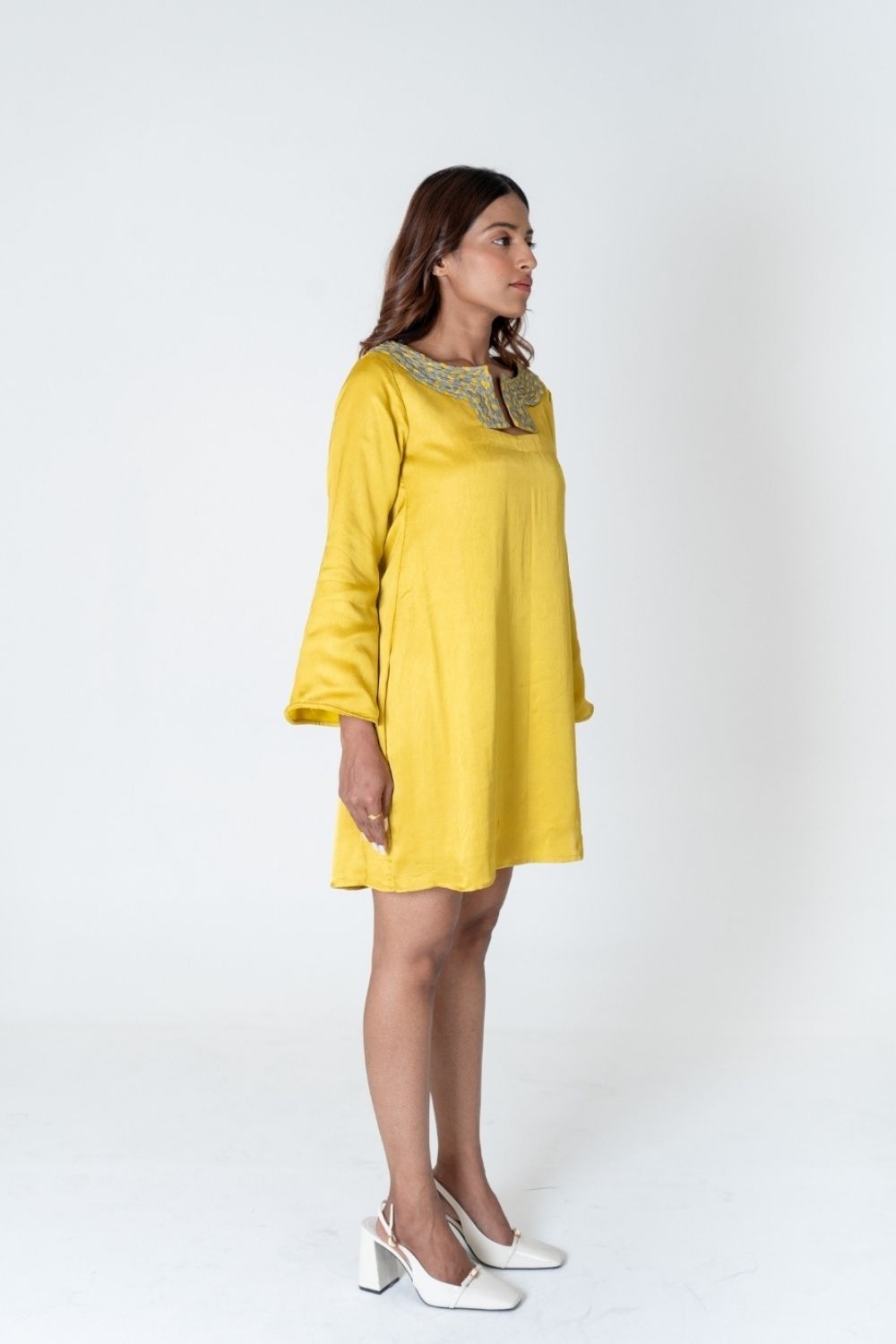 Green-Yellow Braided Collar Short Dress