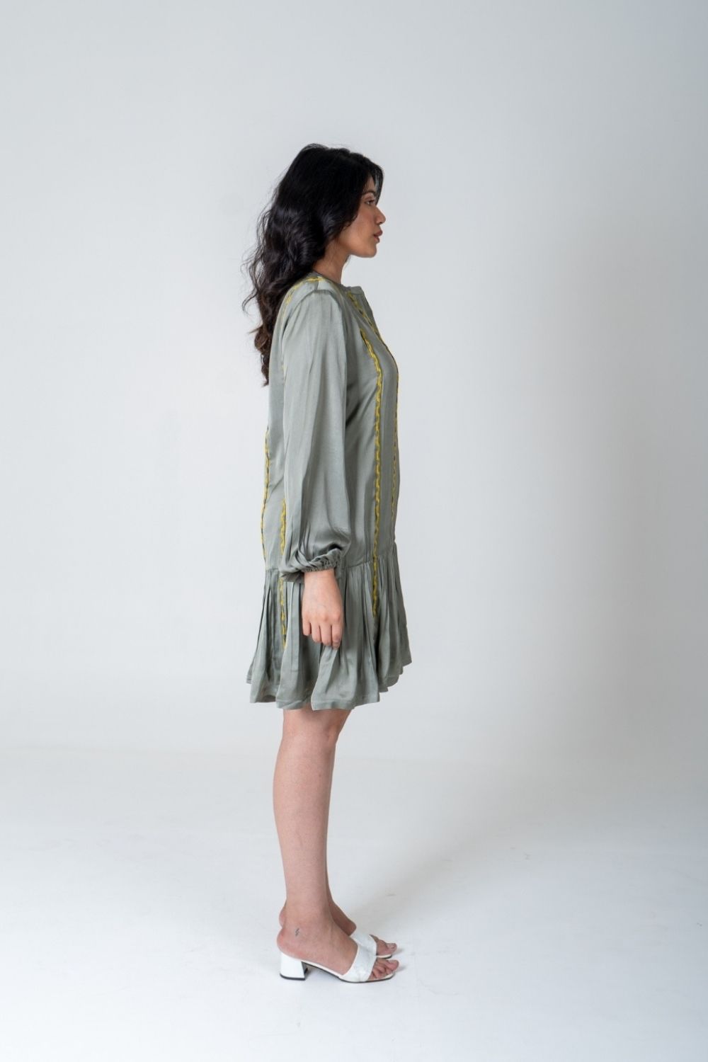 Green-Yellow Braided Short Gather Dress