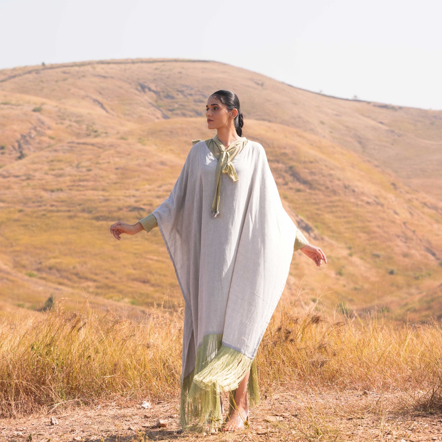 Siya Dress and Kaftan Set - Grey and Green