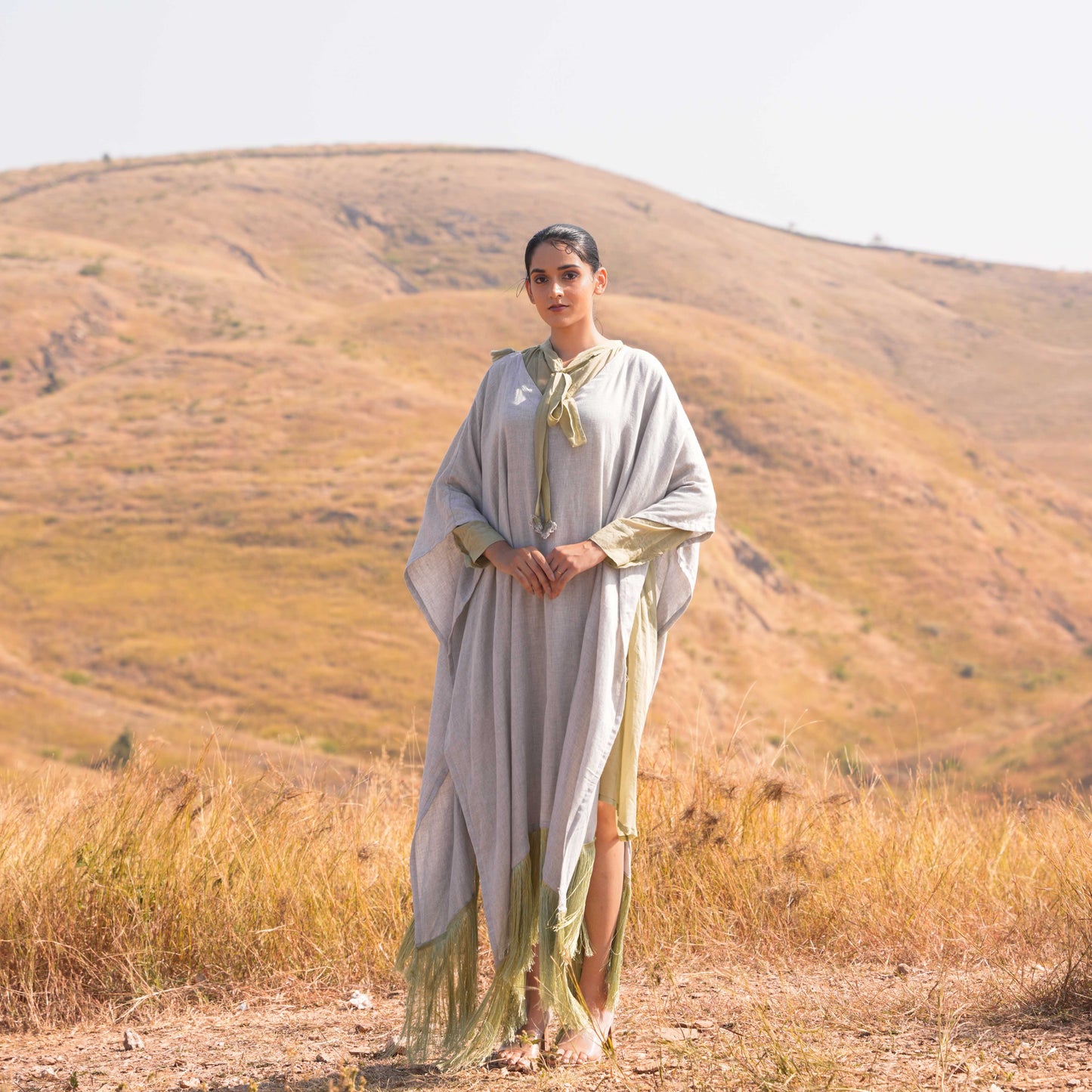 Siya Dress and Kaftan Set - Grey and Green