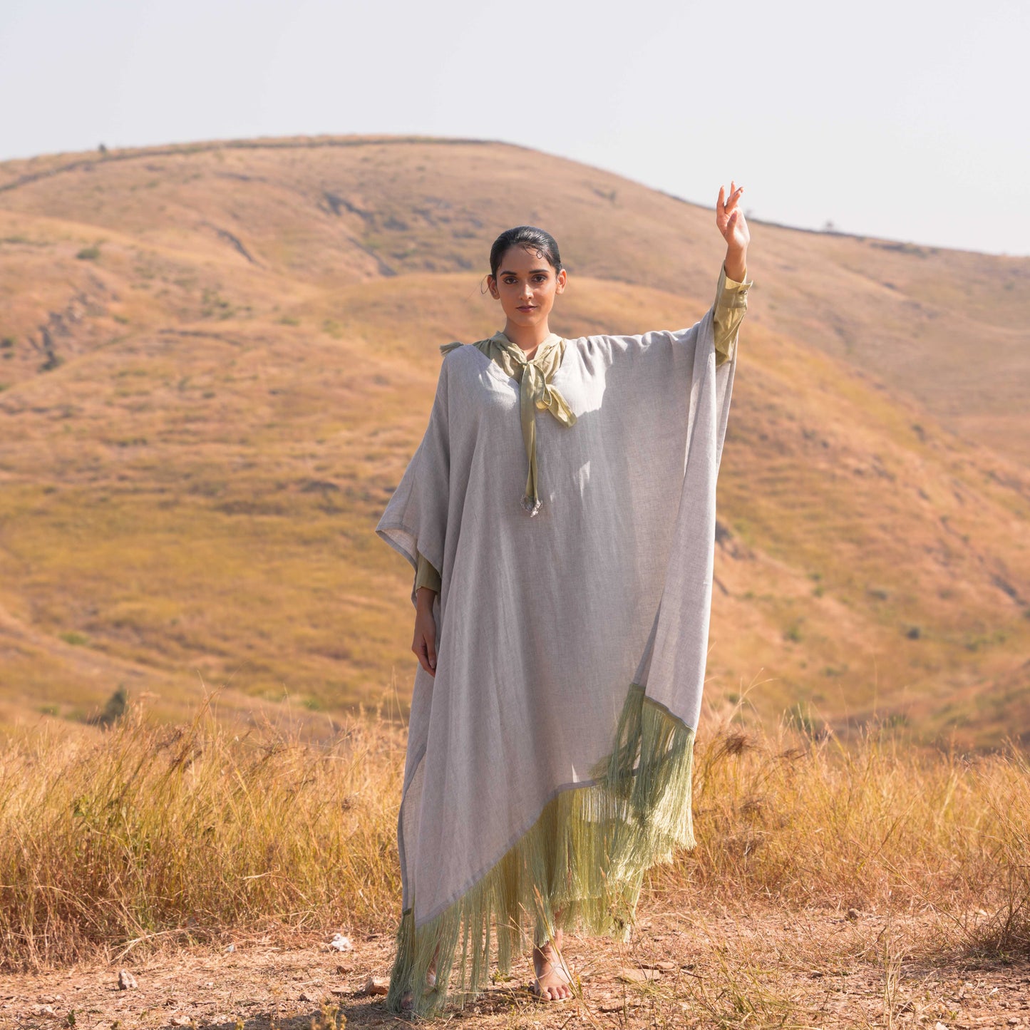 Siya Dress and Kaftan Set - Grey and Green