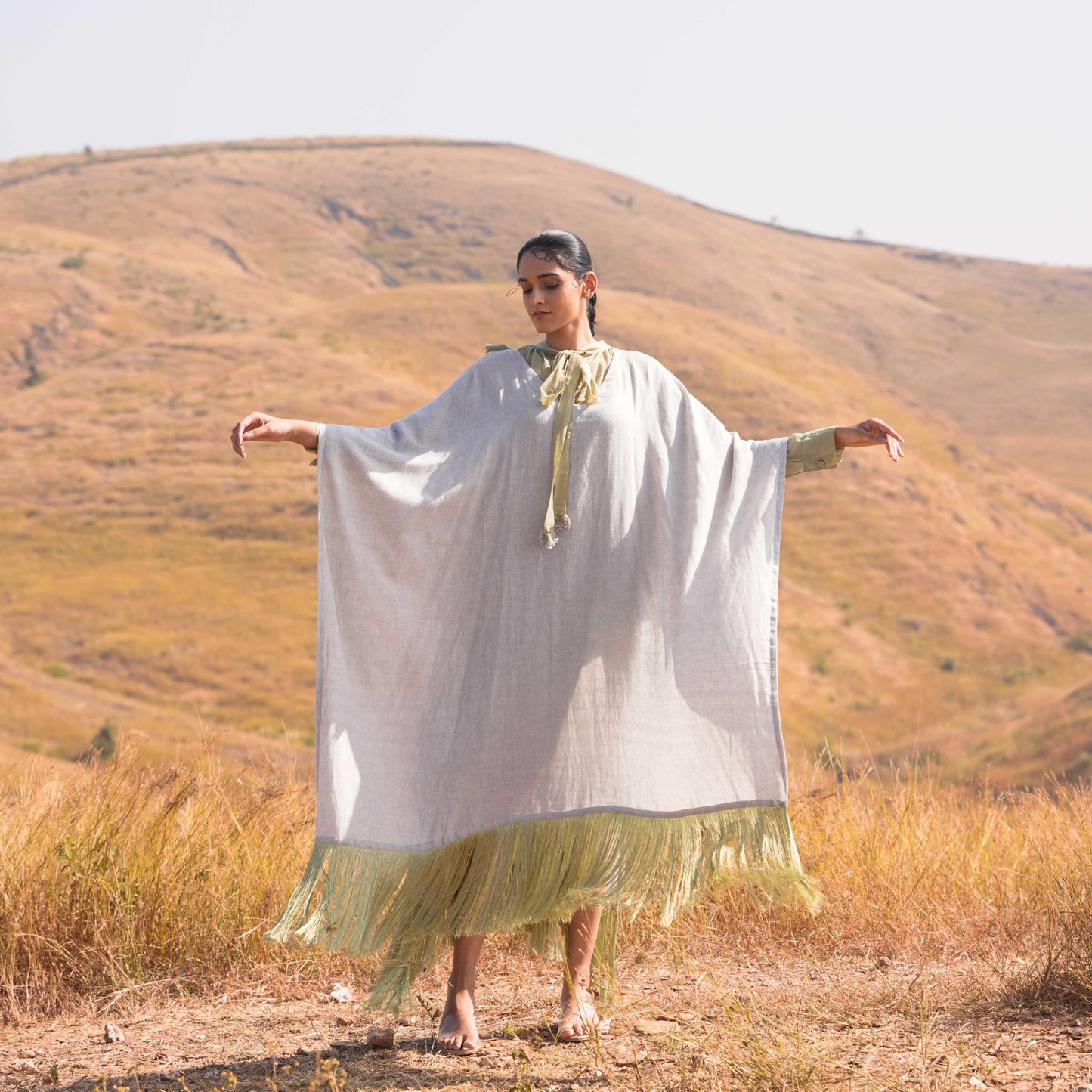 Siya Dress and Kaftan Set - Grey and Green