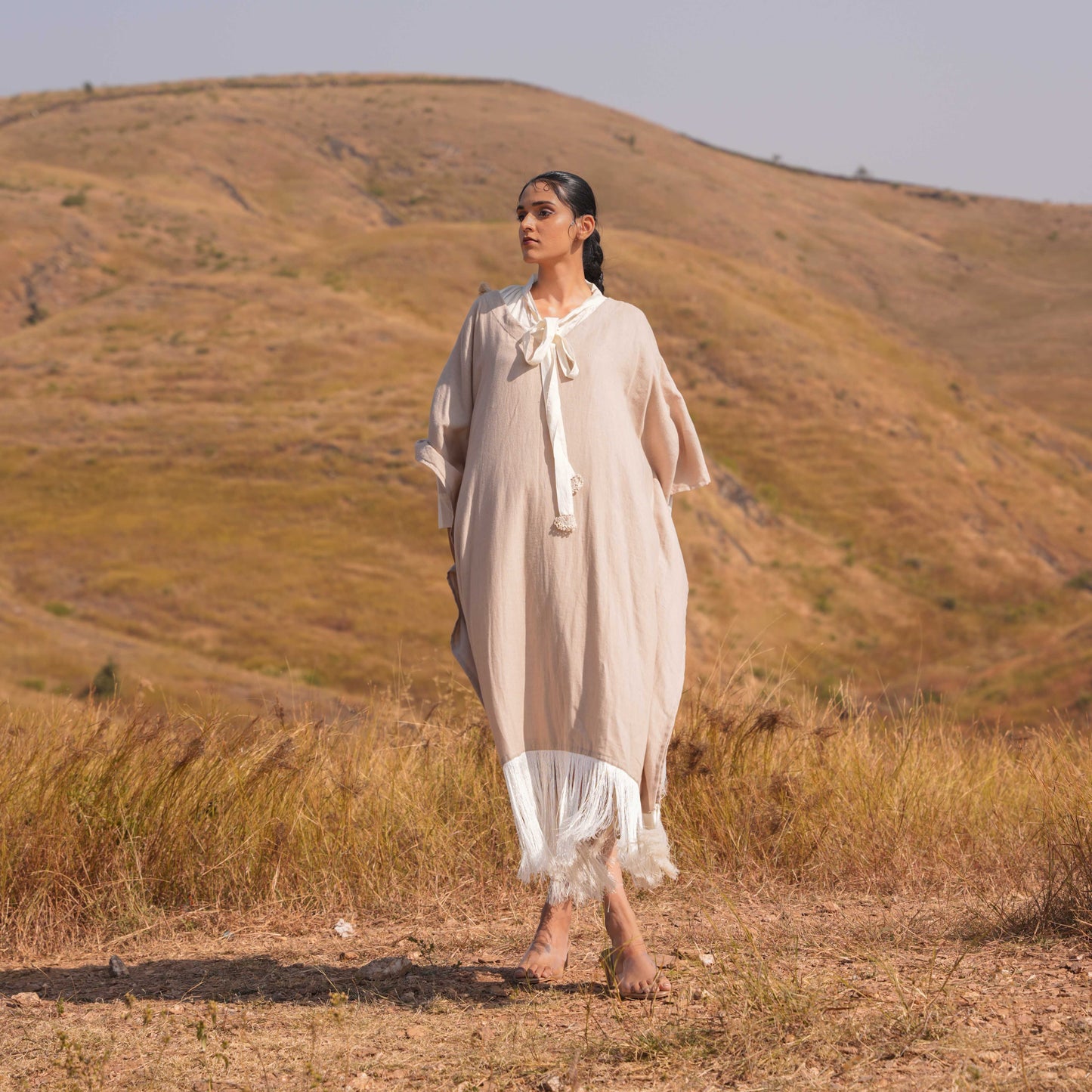 Siya Dress and Kaftan Set - Brown and Beige