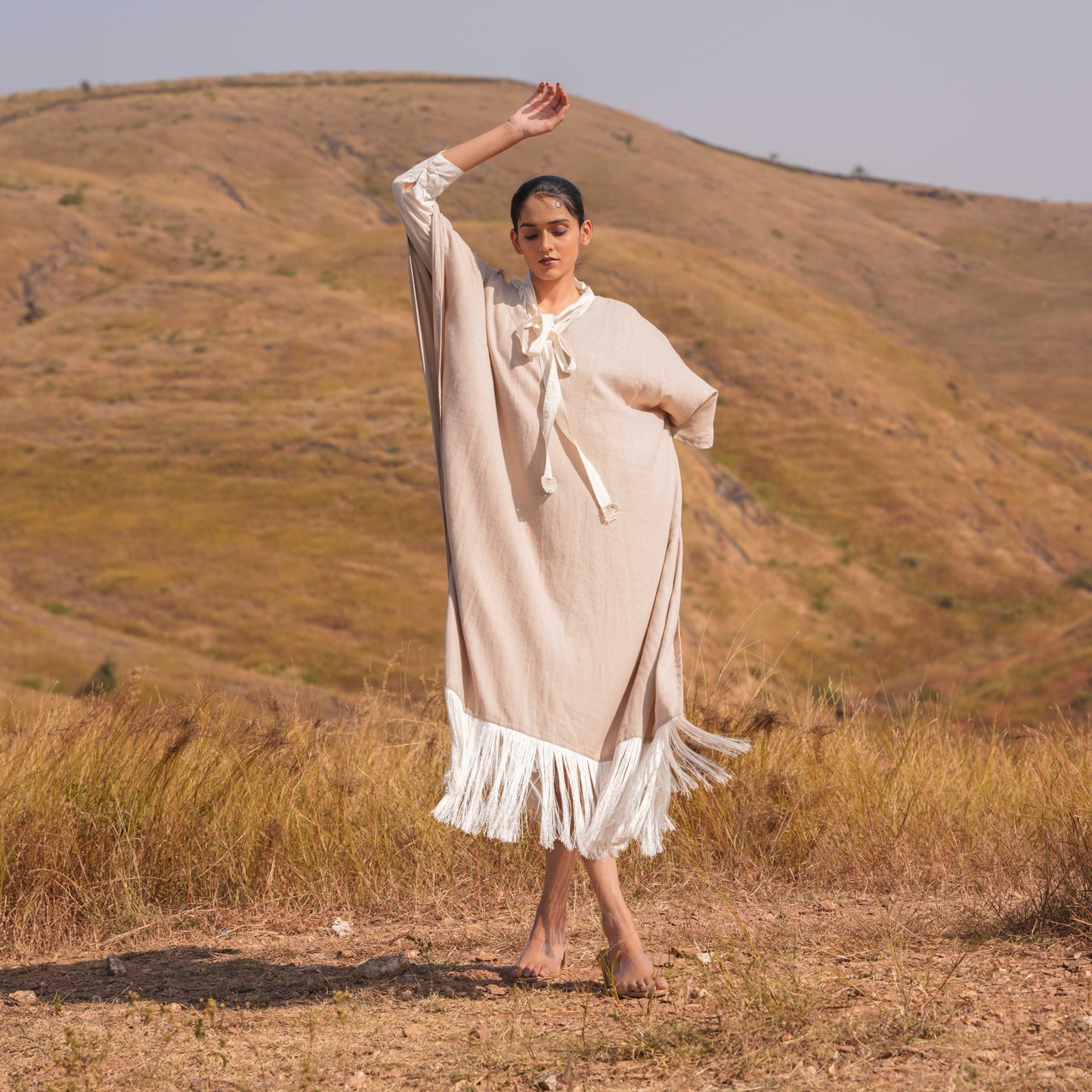 Siya Dress and Kaftan Set - Brown and Beige