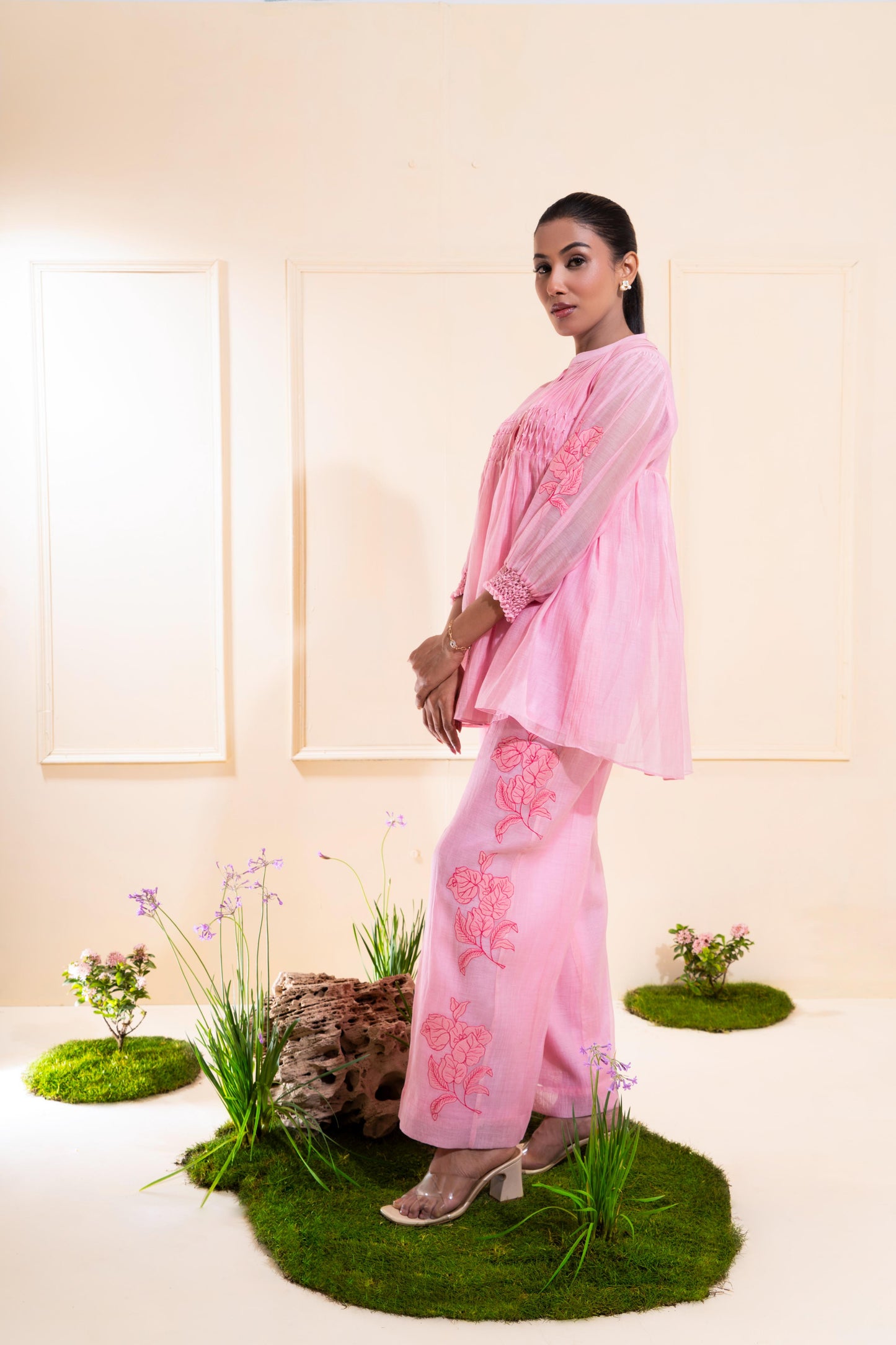 Pink Smocking Chanderi Co-ord Set