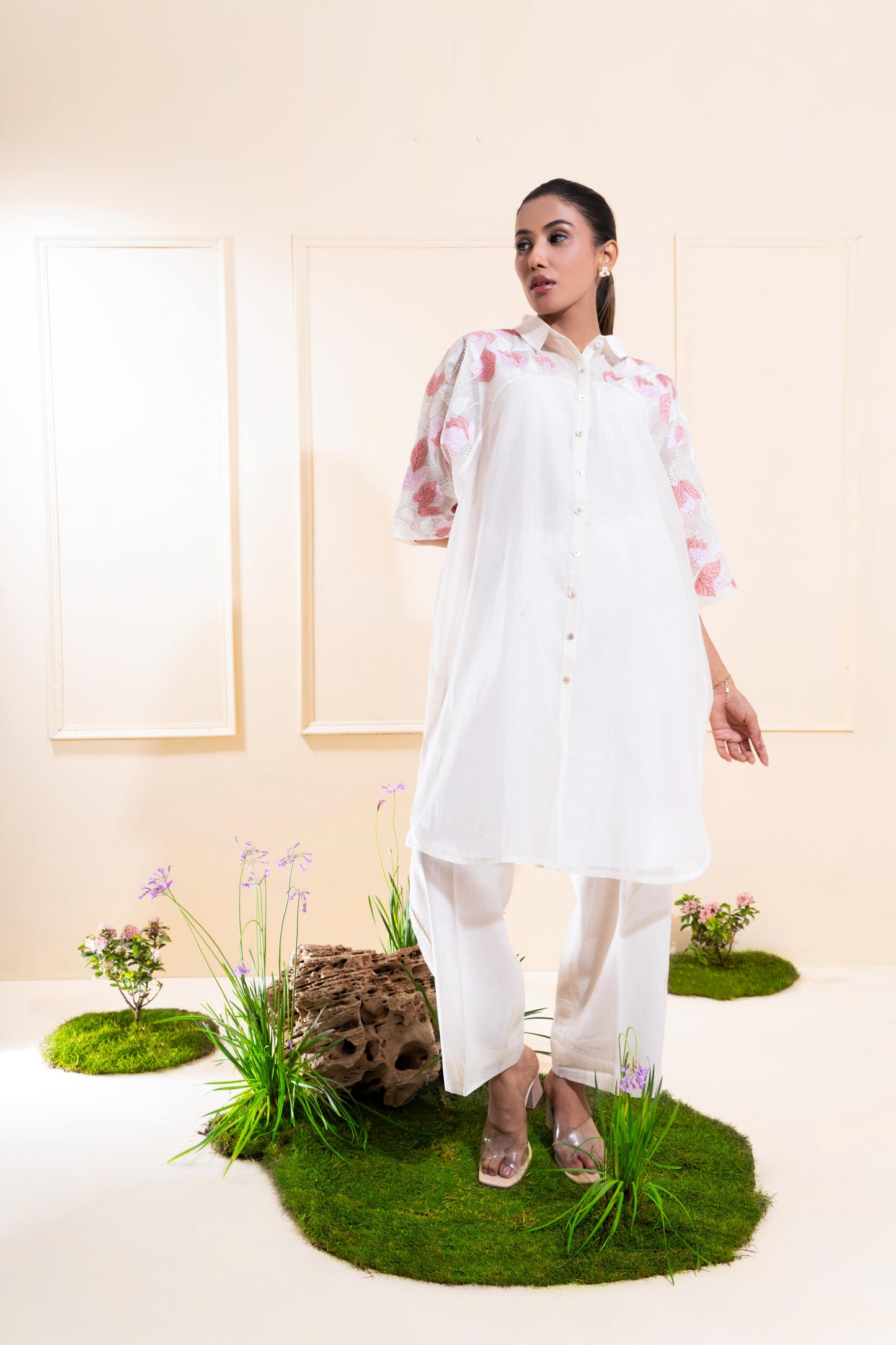 Off-white Embroidered Yoke Chanderi Co-ord Set