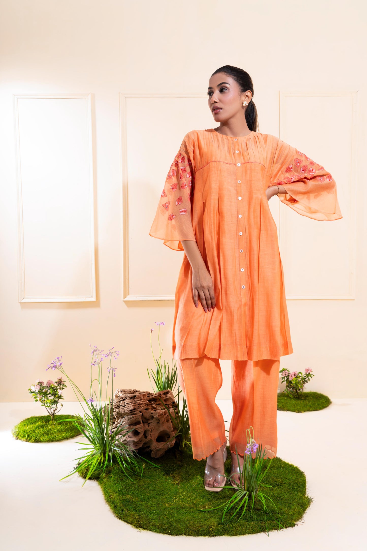 Peach Pleated Chanderi Co-ord Set