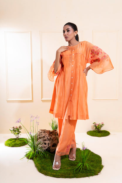 Peach Pleated Chanderi Co-ord Set