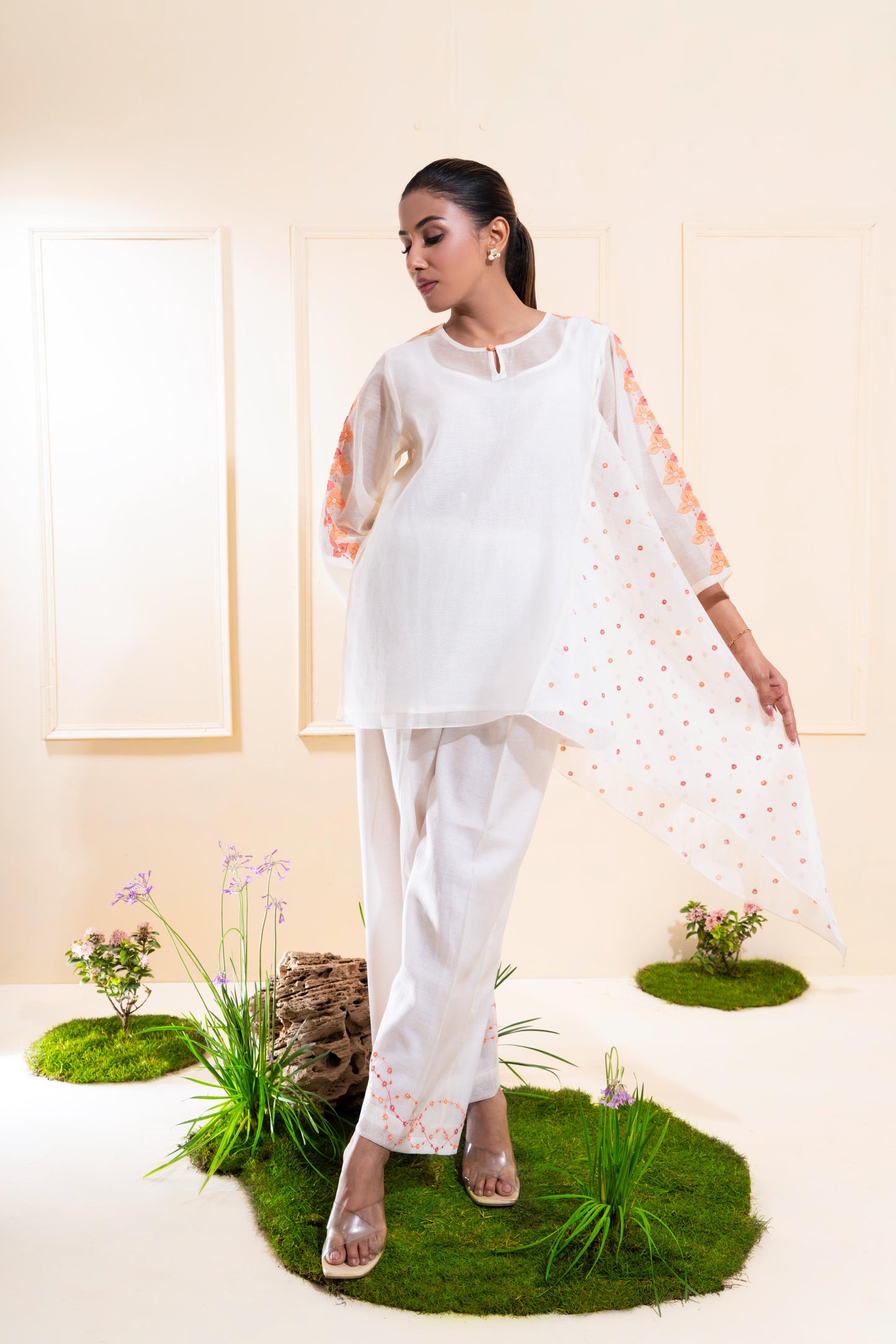 Off-White Cascading Chanderi Co-ord Set