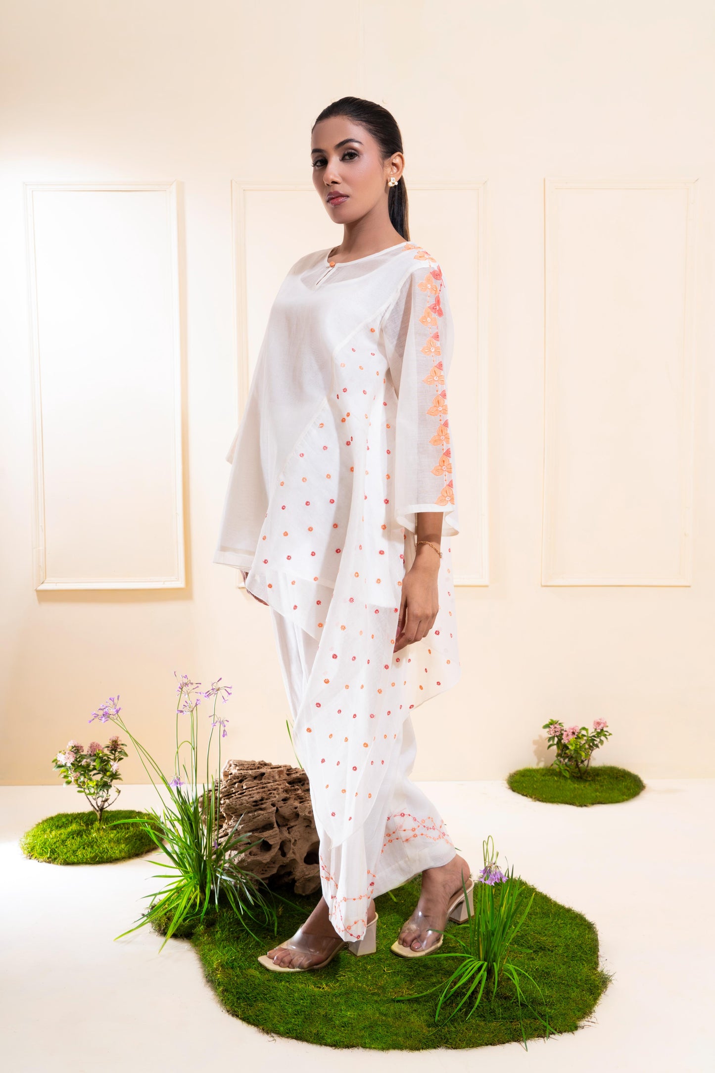 Off-White Cascading Chanderi Co-ord Set