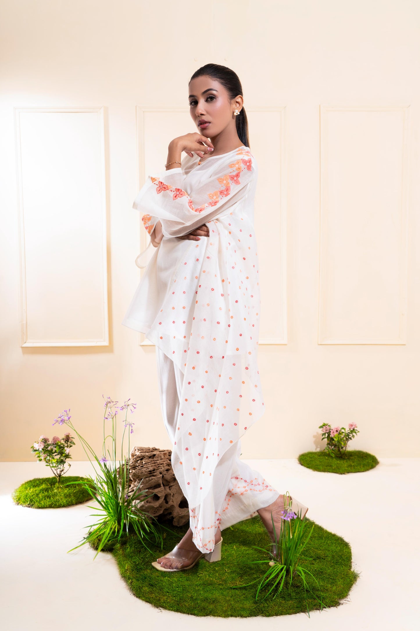 Off-White Cascading Chanderi Co-ord Set