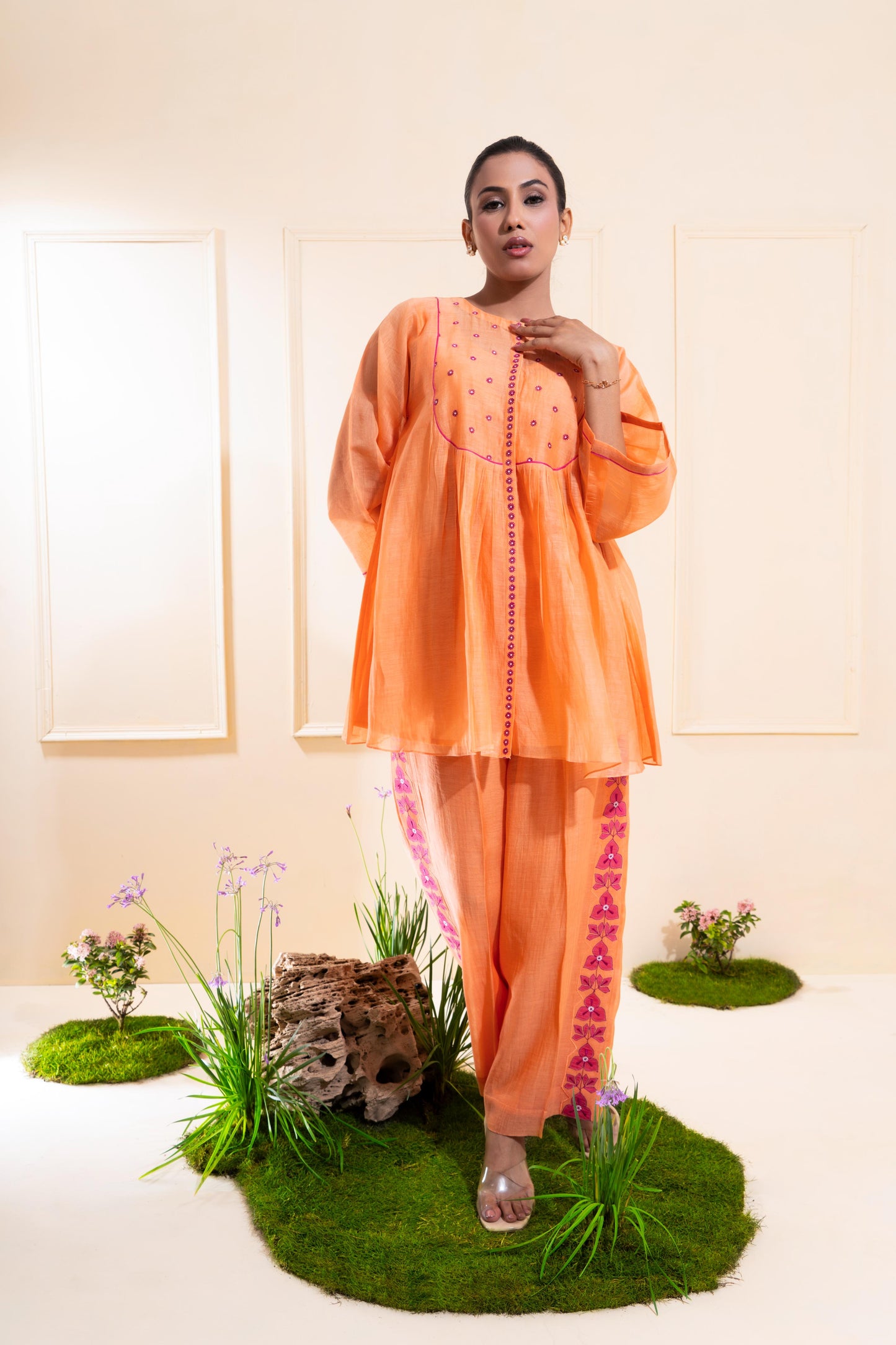 Peach Front Gathers Chanderi Co-ord Set