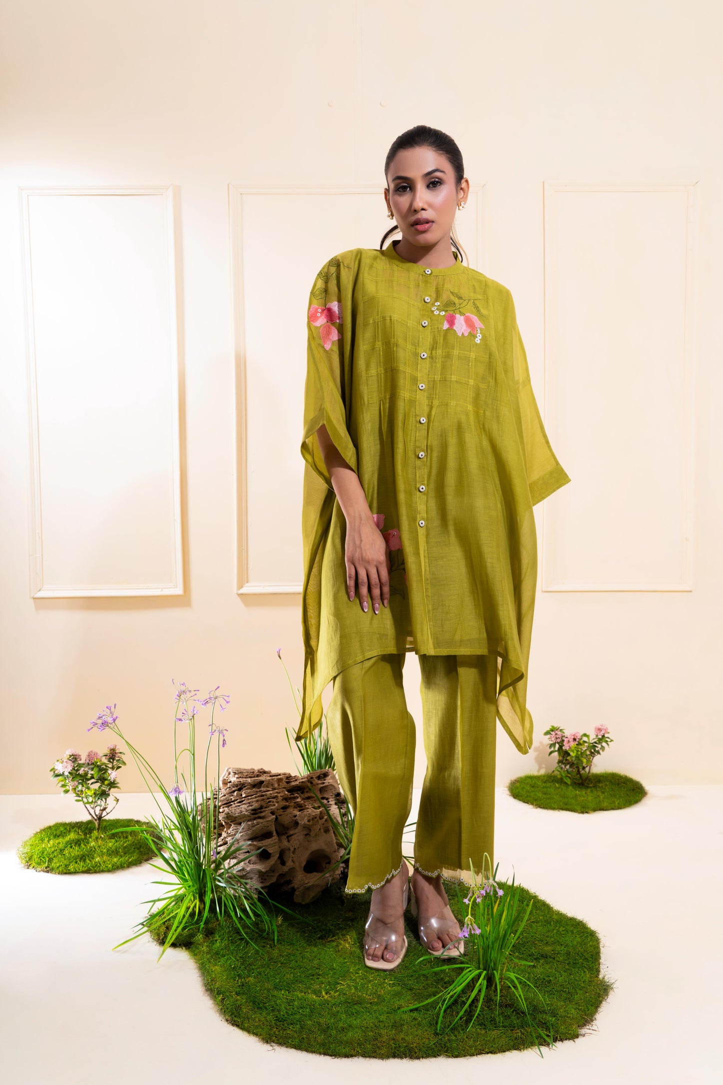 Moss Green Pleated Panel Chanderi Co-ord Set
