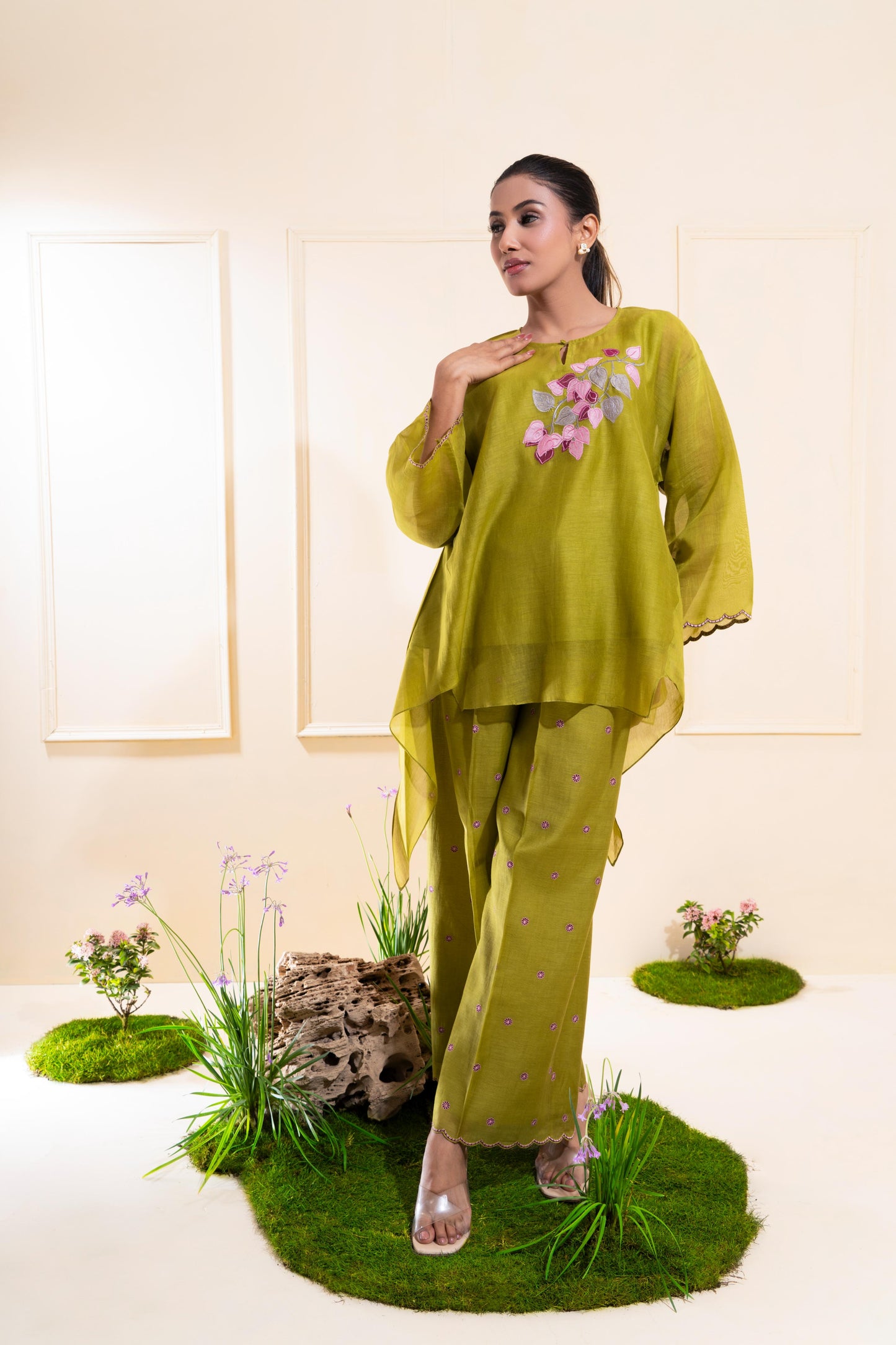 Moss Green Asymmetrical Chanderi Co-ord Set