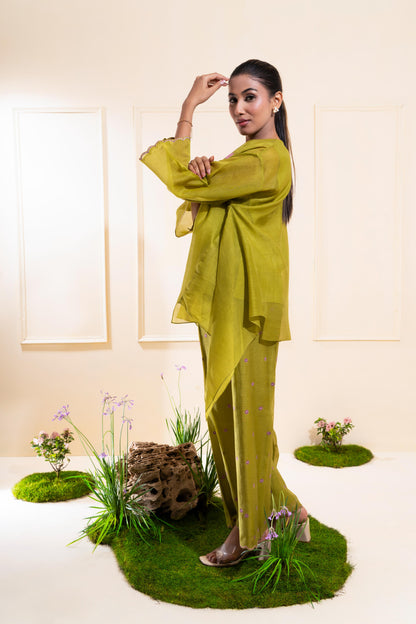 Moss Green Asymmetrical Chanderi Co-ord Set