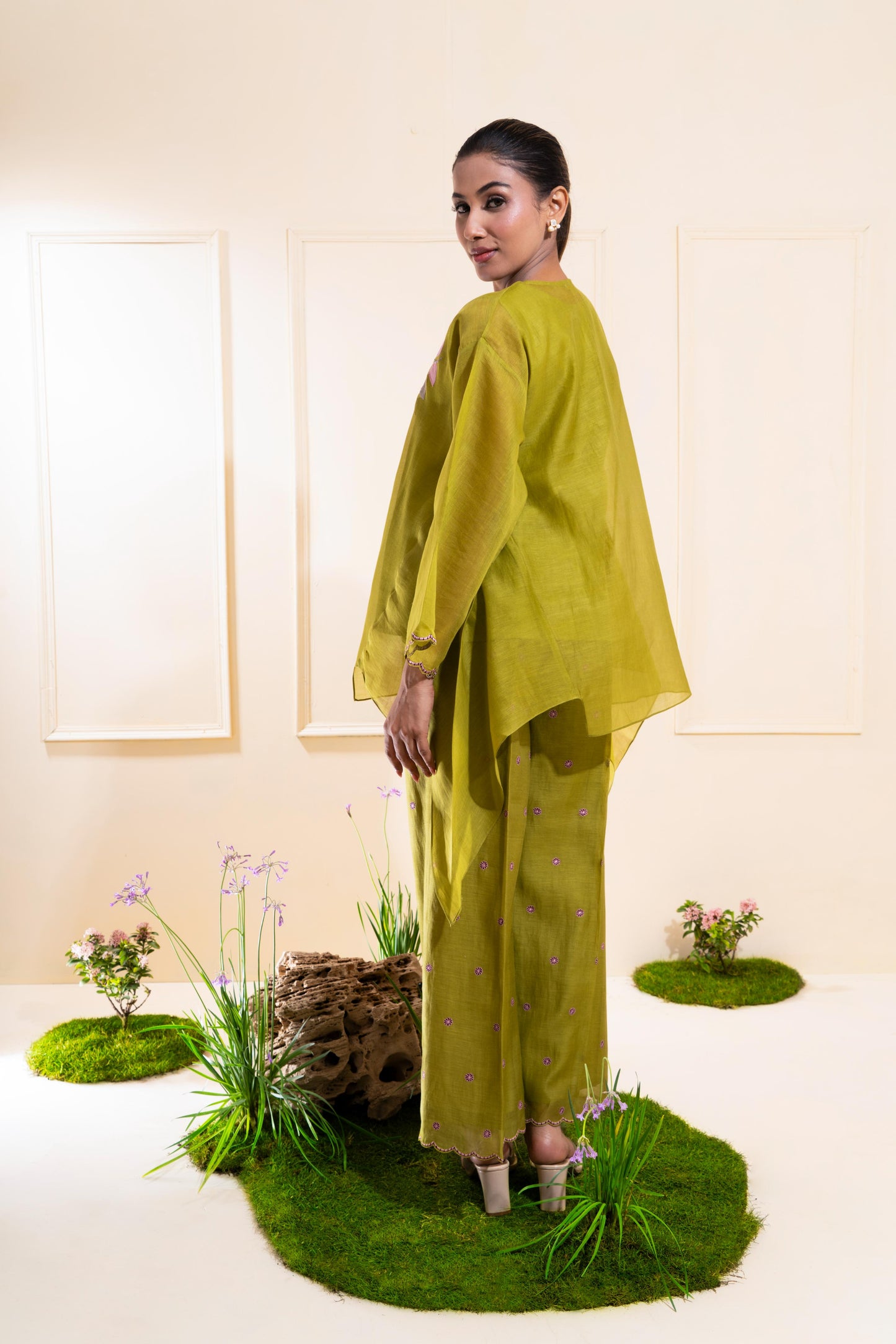 Moss Green Asymmetrical Chanderi Co-ord Set