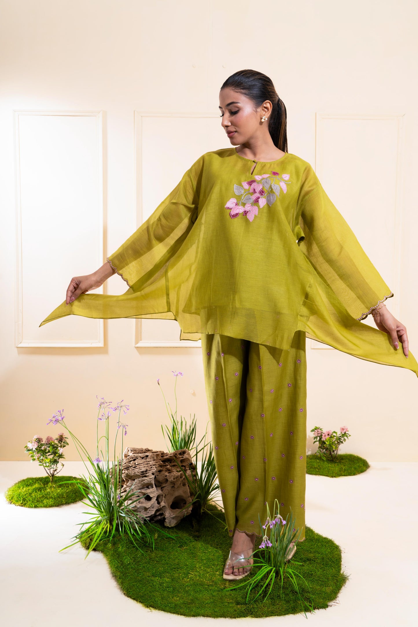 Moss Green Asymmetrical Chanderi Co-ord Set
