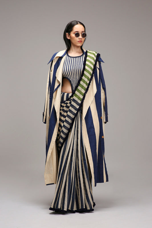 Egg-Shell Bodysuit with Trench & Dual Striped Saree Set (3 PCS)