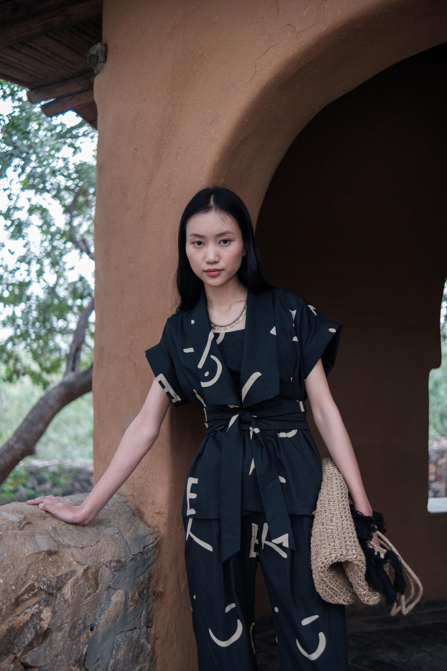 Berlin Shawl collar Top Black Line Printed