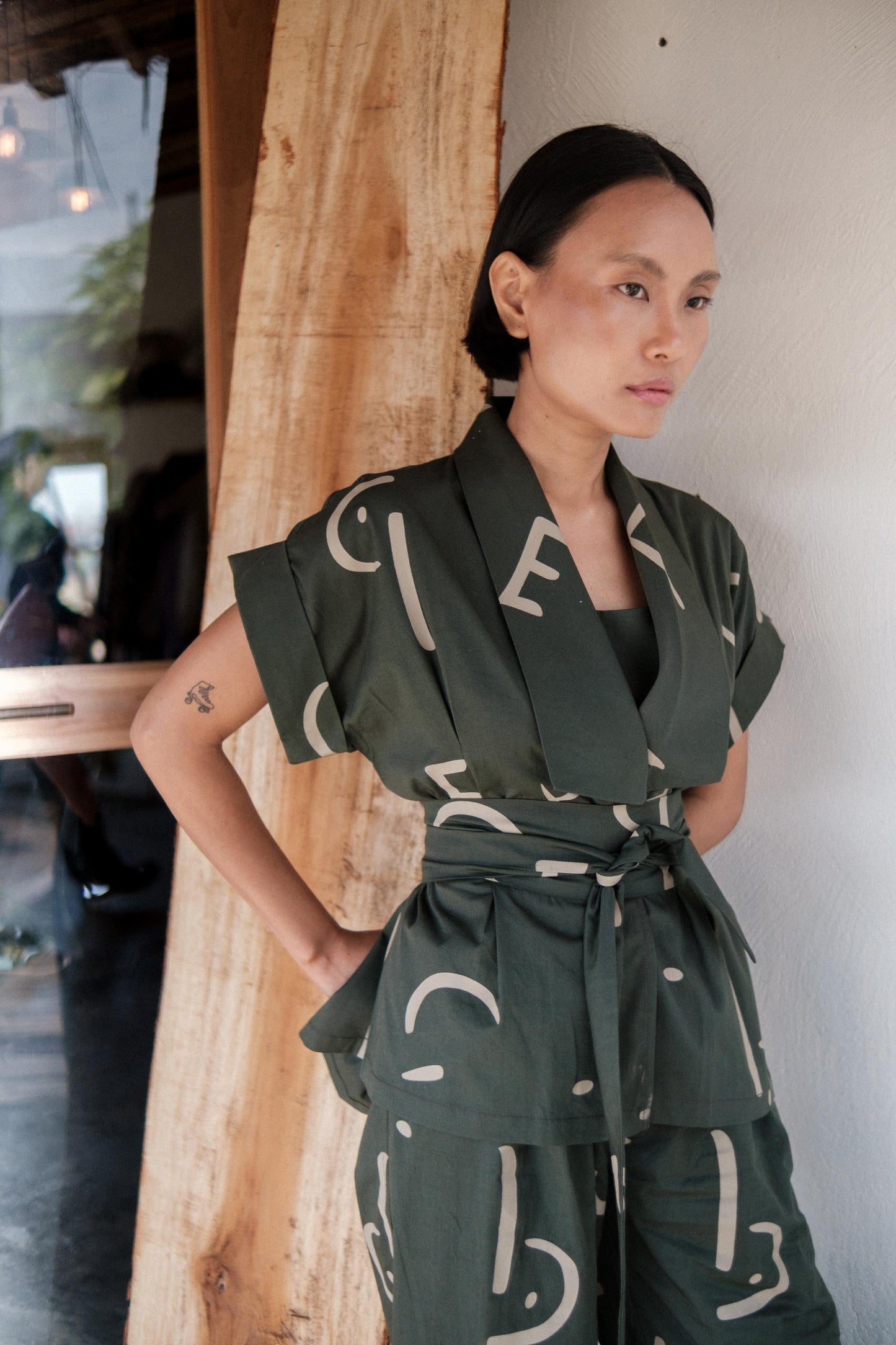 Berlin Shawl Collar Top Green Line Printed