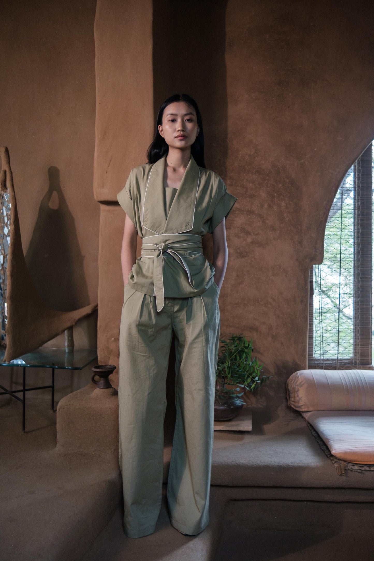 Berlin Shawl Collar Top Khaki