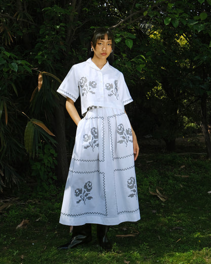 White Cross Stitch Embroidery Cotton Skirt Top Set of 2