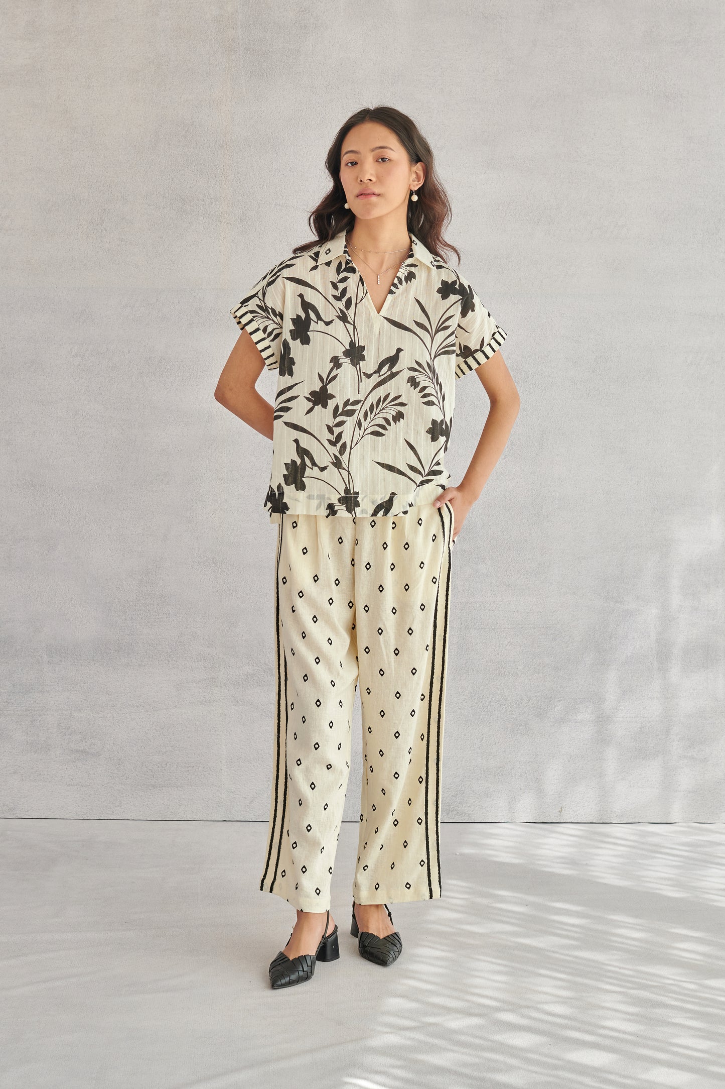 Ziva Creme Printed Boxy Top