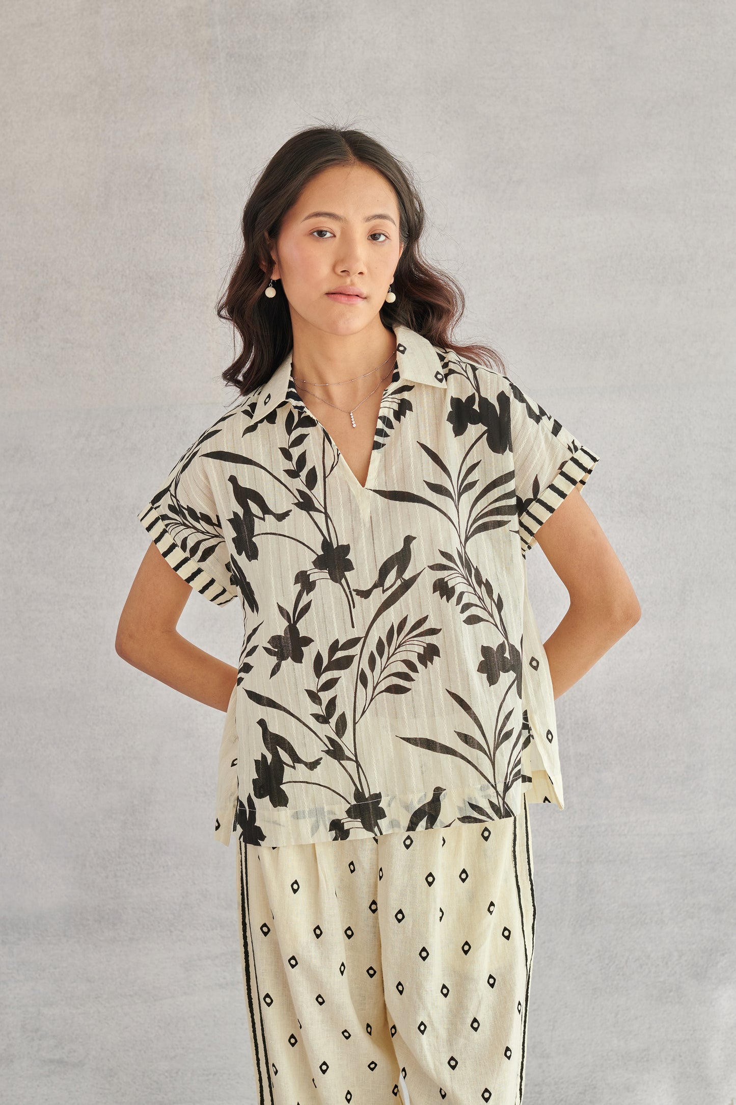 Ziva Creme Printed Boxy Top