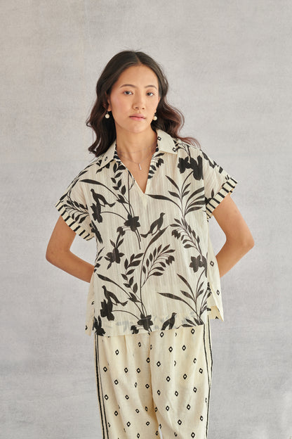 Ziva Creme Printed Boxy Top