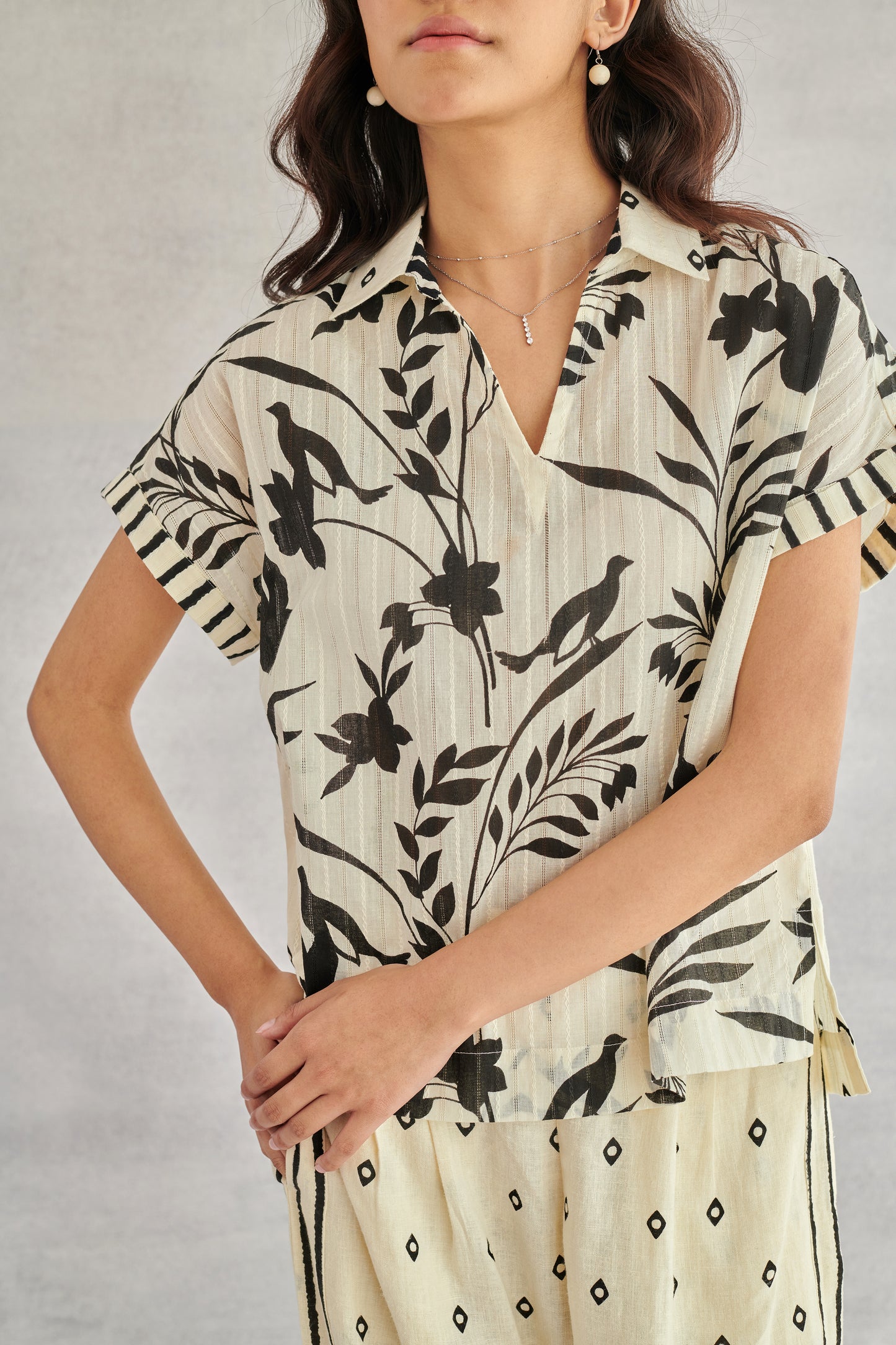 Ziva Creme Printed Boxy Top