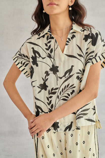 Ziva Creme Printed Boxy Top