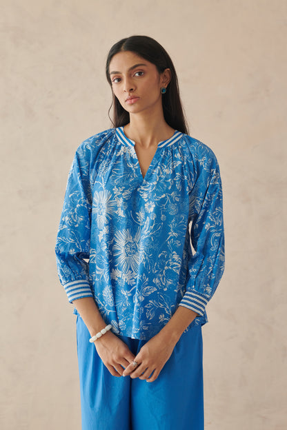Plush Blue Relaxed Floral Top