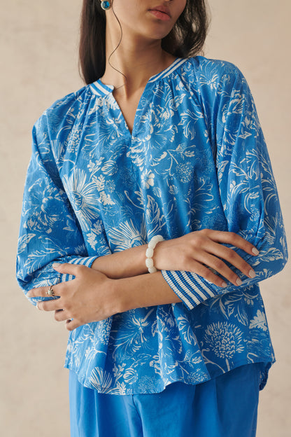 Plush Blue Relaxed Floral Top