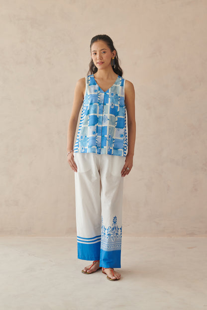 Vaya Blue White Mosaic Floral Top