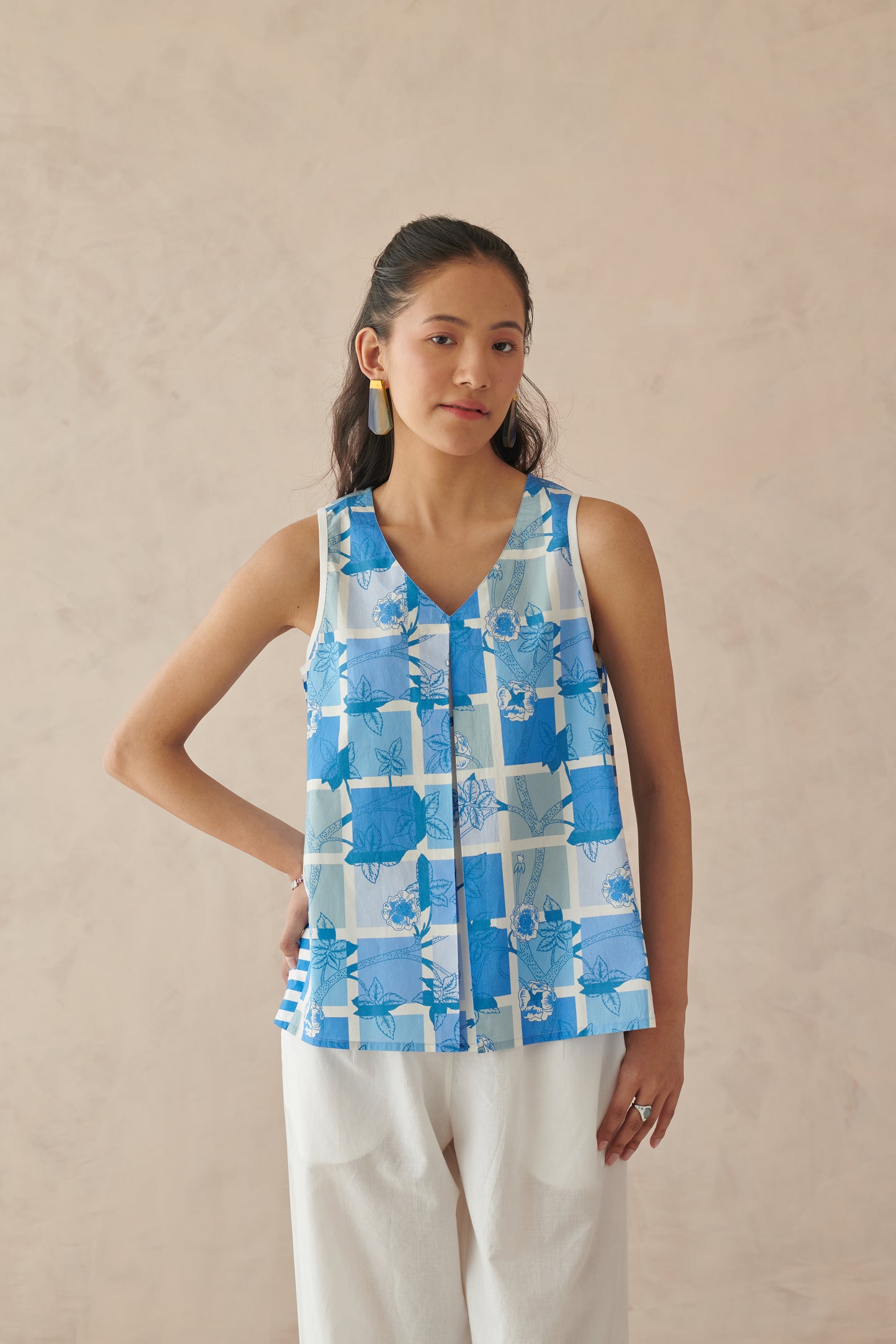 Vaya Blue White Mosaic Floral Top