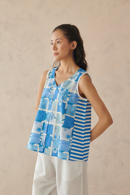Vaya Blue White Mosaic Floral Top