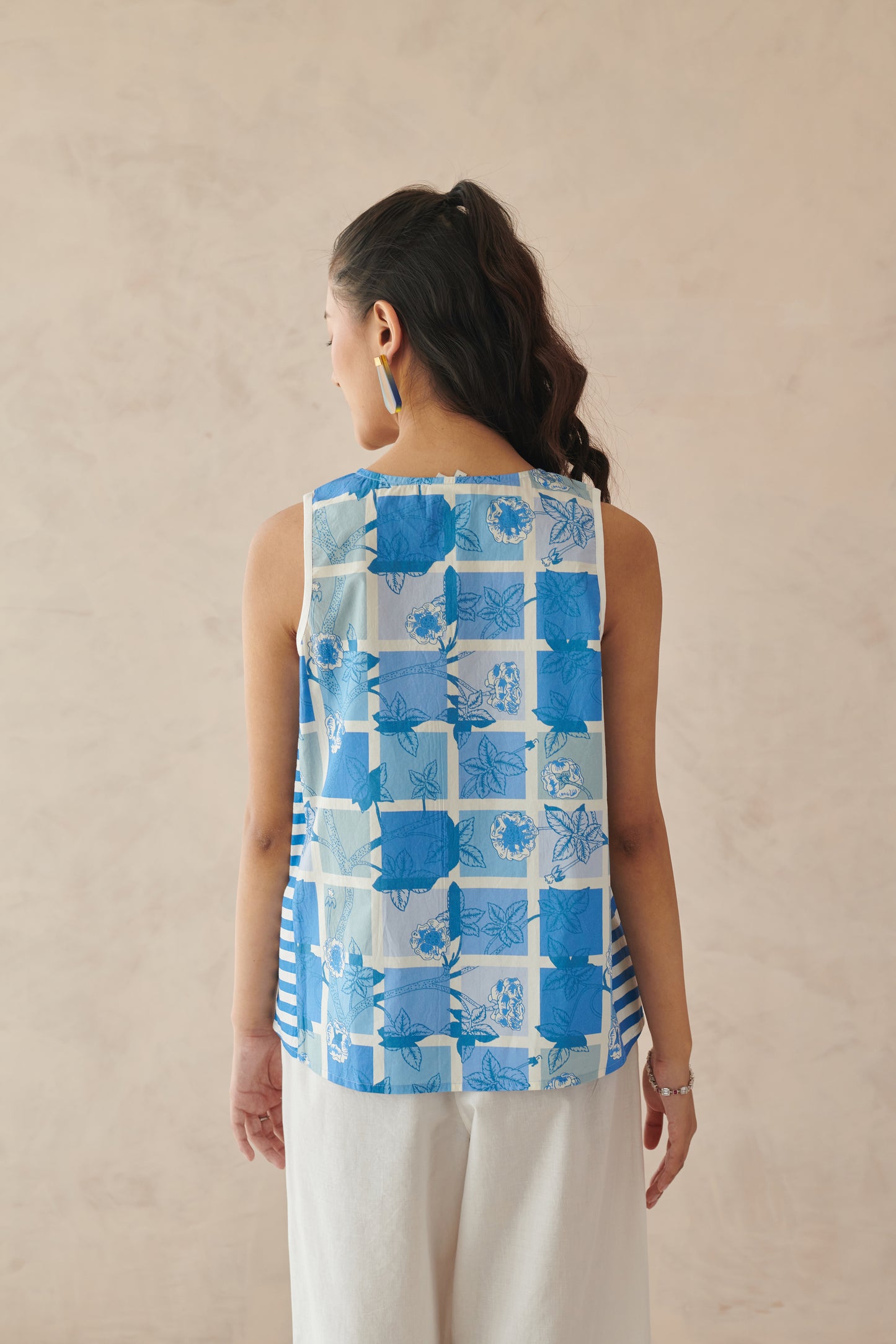 Vaya Blue White Mosaic Floral Top