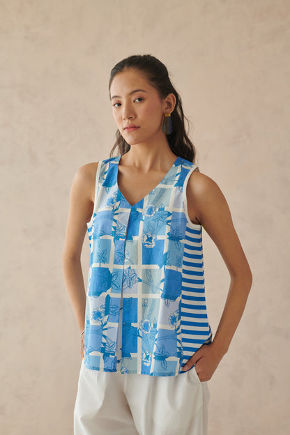Vaya Blue White Mosaic Floral Top