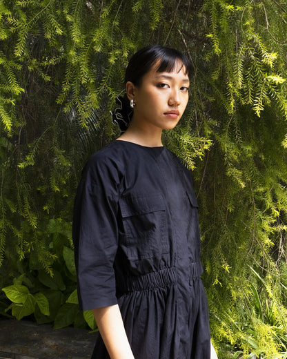 Black Elastic Wasit Side Slit Cotton Dress