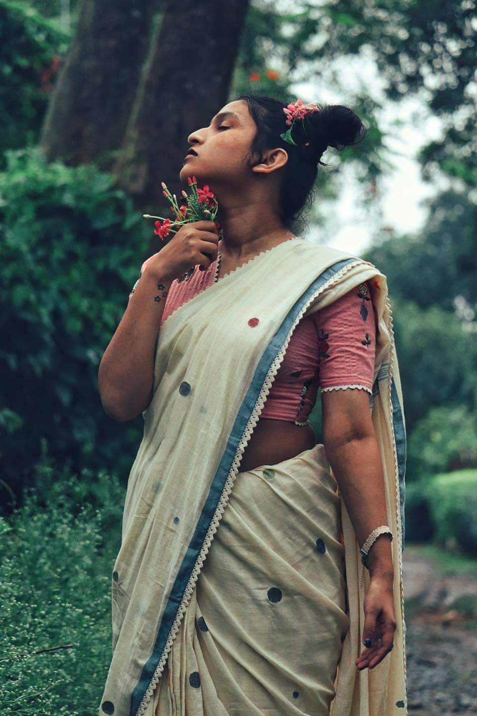 Cream Multi Polka Jamdani Saree