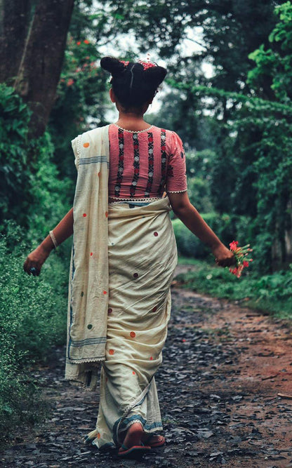 Cream Multi Polka Jamdani Saree